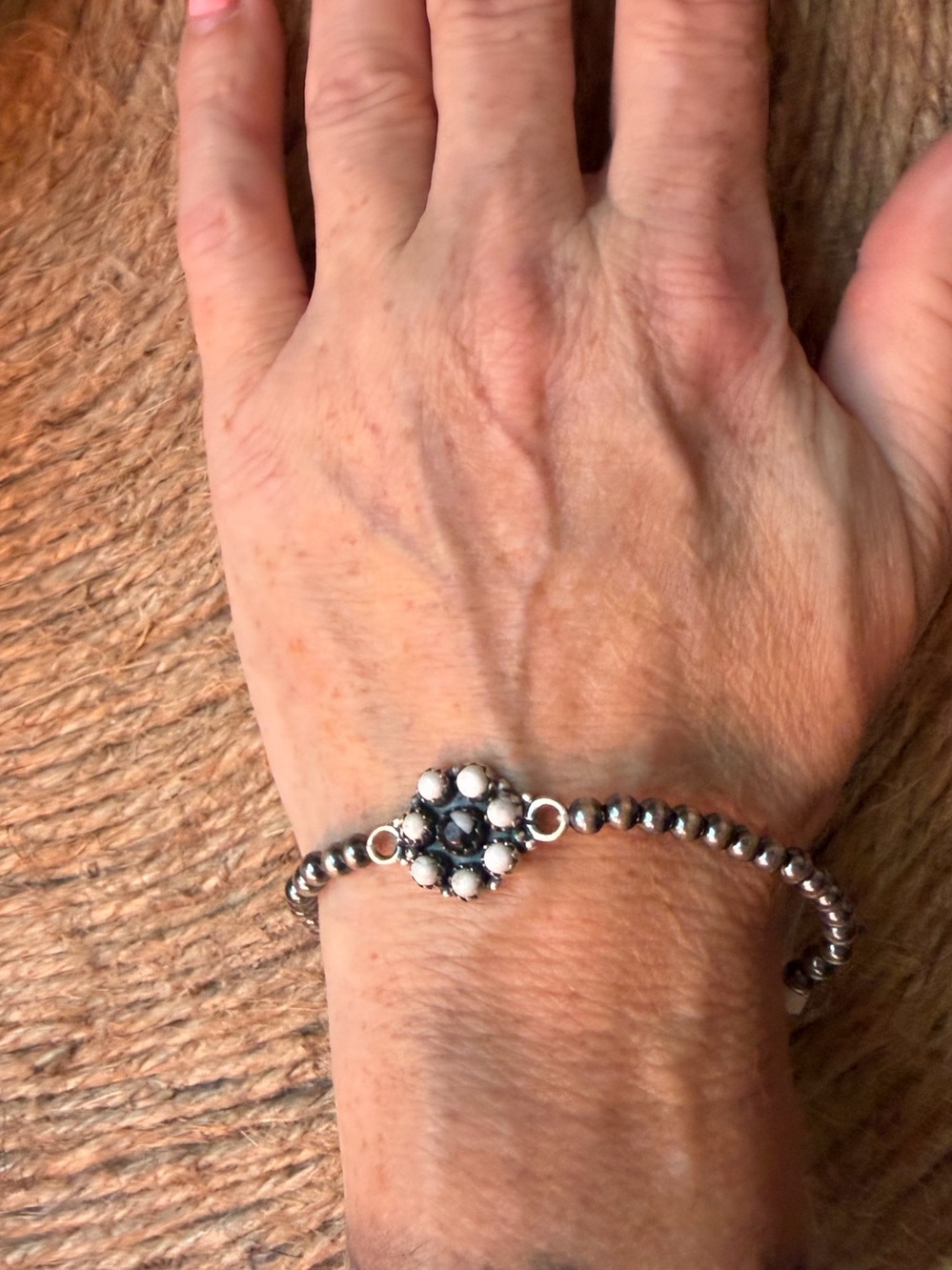 Sterling Silver Beaded Flower White Buffalo Stretch Bracelet in Sterling Silver